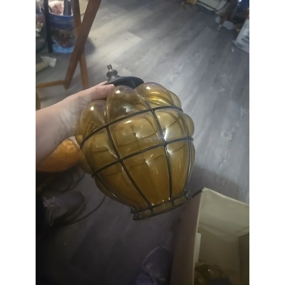 Set Of 2 Vintage Caged Glass Amber Blown Lamp Globe Shade Estate Find